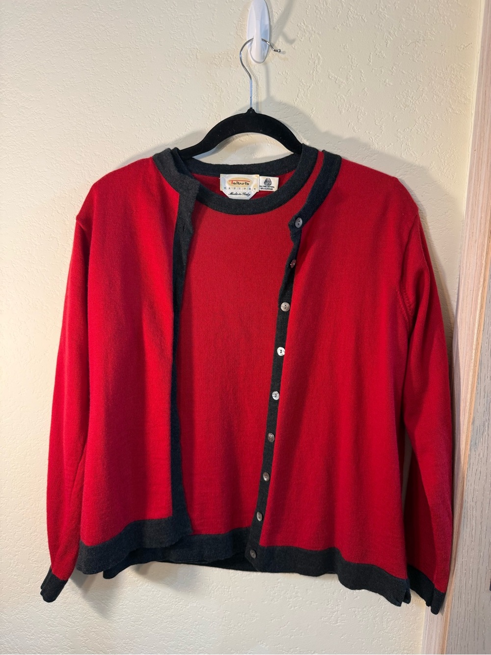 Vintage Talbots 100%Wool Sweater & Cardigan Set Red w/ Gray Trim Petite Small